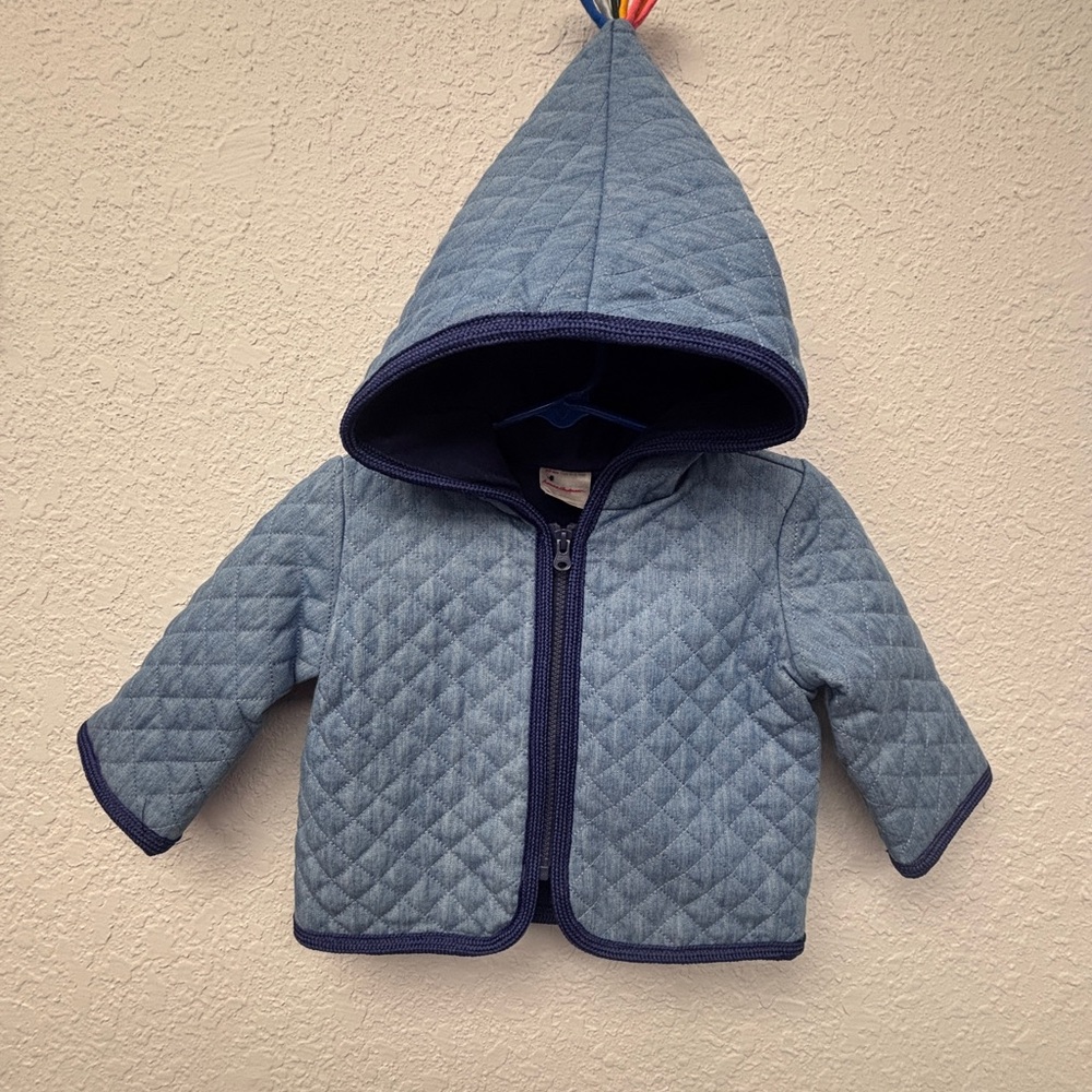 Hanna Andersson 0-3mo Quilted Chambray Hooded Jacket in Lght-Med Wash Blue, EUC - Picture 3 of 7